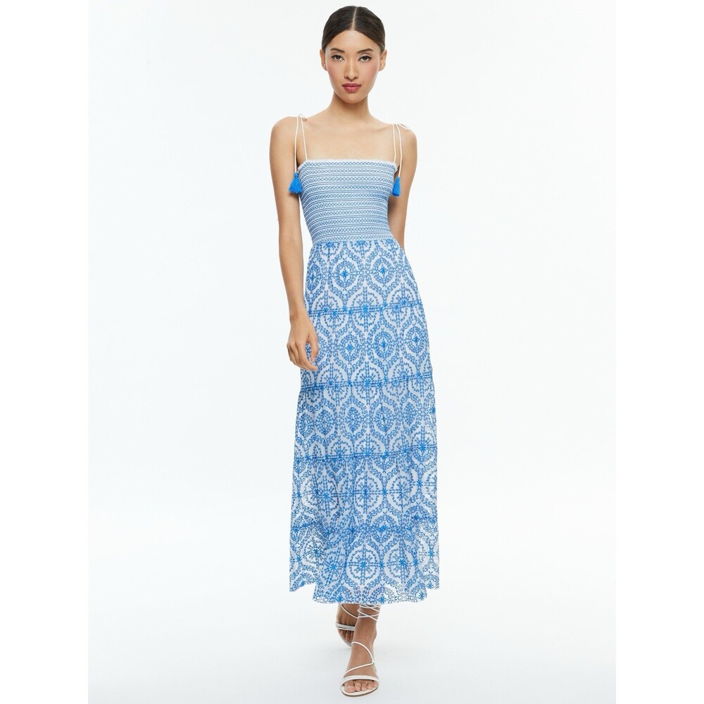 Alice + Olivia Blue and White Marna Tie Strap Maxi Dress Smocked